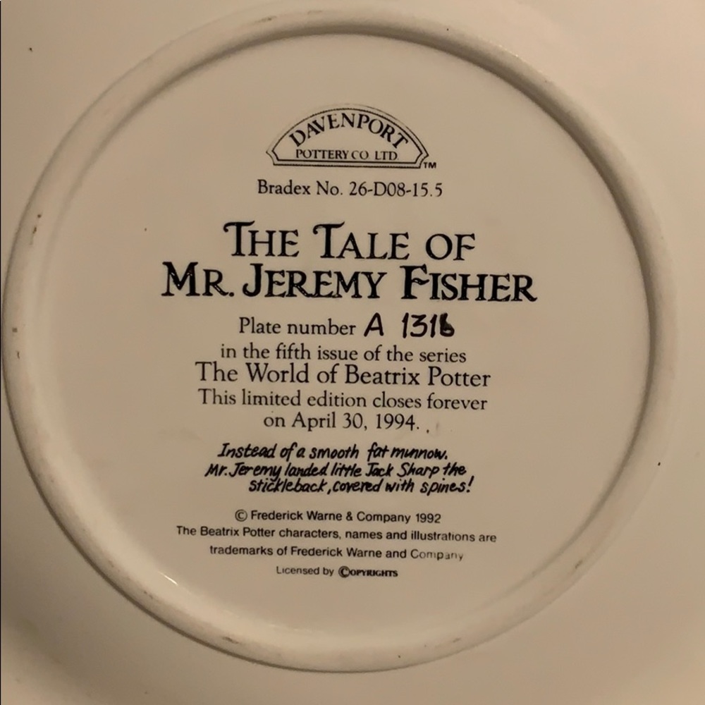 PLATE #5 Davenport Pottery The Tale Of Mr Jeremy Fisher Raised Limited Plate NEW - Picture 4 of 8